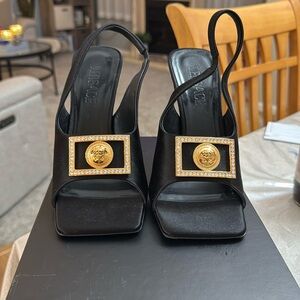Size 38 Versace sling back, black satin shoes